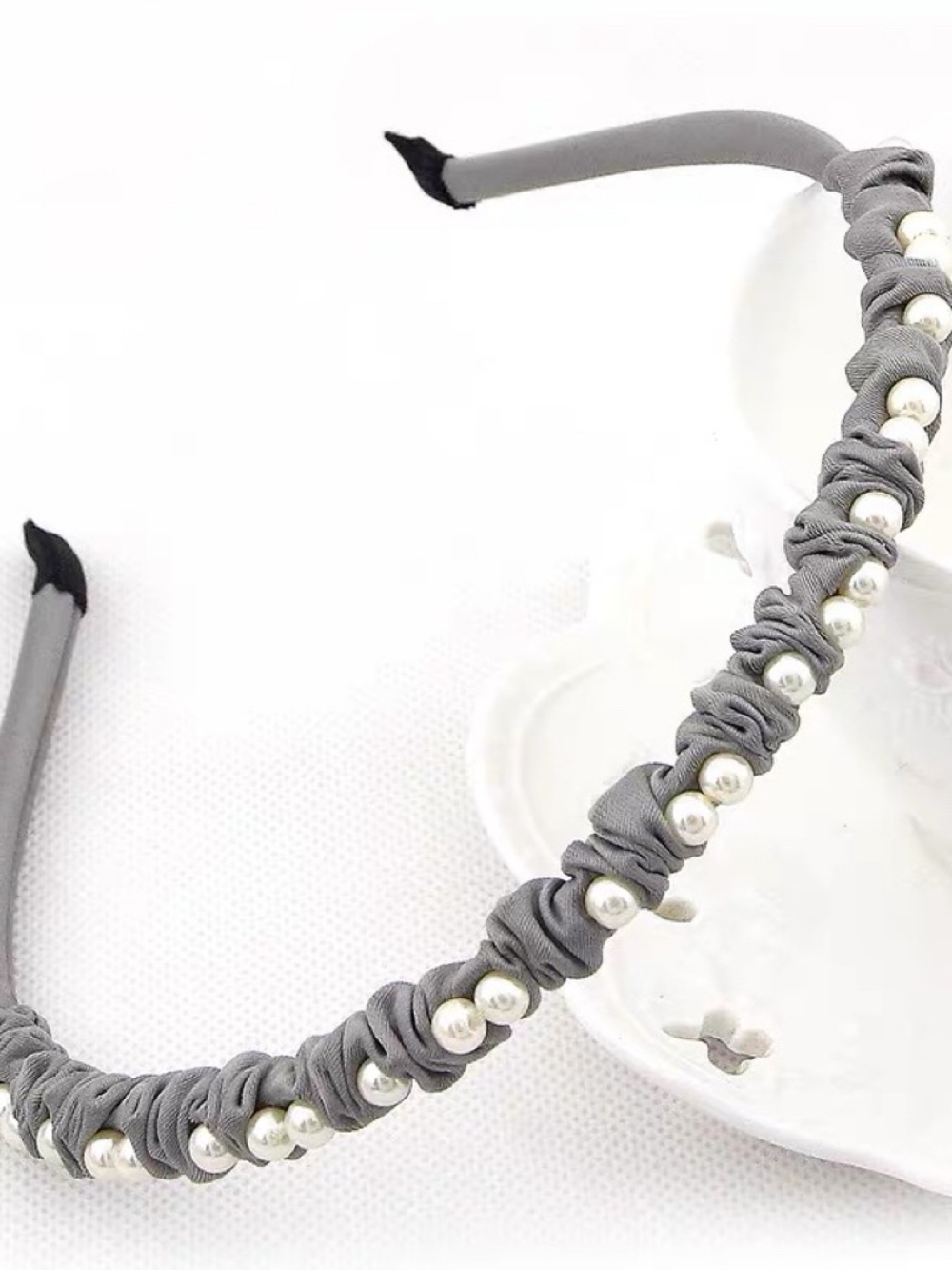 Vintage Gray Knotted Headband with Pearl Beading - Women Accessories